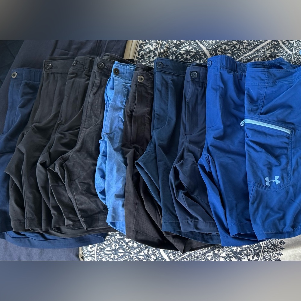 Under Armour Black, Blue and Tan  Flat Front Shorts and one Board Short